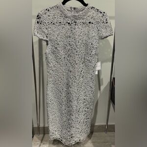 Premier Amour Silver Glitter Pencil Short Sleeve Dress Size 12 New With Tags